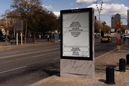 Outdoor advertising billboard mockup in urban setting, Barcelona, design template, high resolution, clear channel, for graphic display presentations.
